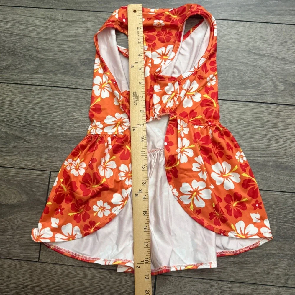 Orange Hibiscus Floral Dog Dress Tropical Pet Summer Clothes with Red Bow